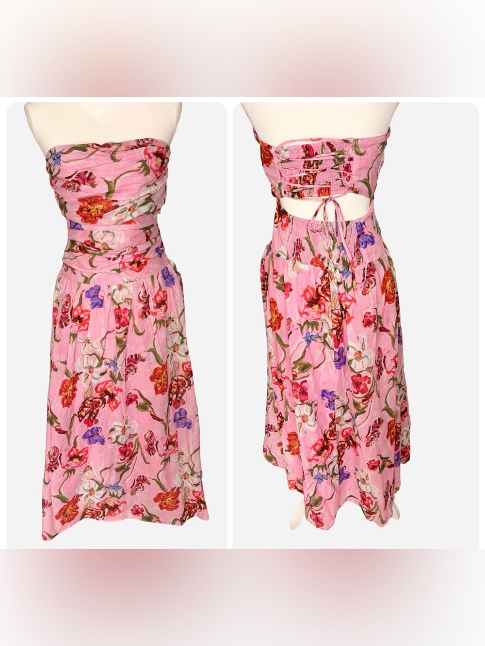 En Saison Pink Floral Strapless Cottagecore Garden Party Cutout Midi Dress Sz S